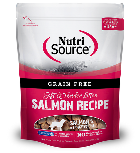 nutrisource nutri source grain free soft and tender bites salmon recipe dog treats corn and wheat free 073893800125 front package