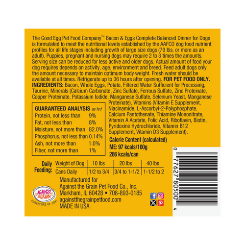 Evanger's Against the Grain The Good Egg – Bacon N Eggs Scramble Wet Dog Food Can - 10.5 oz