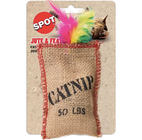 spot ethical pets jute and feather sack catnip cat toy 077234029848