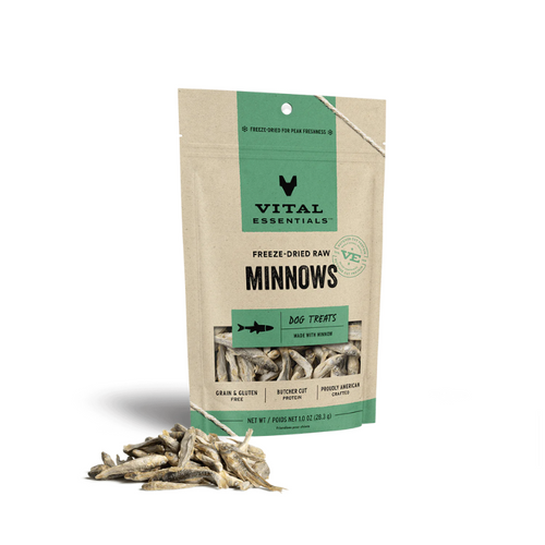 vital essentials freeze dried raw minnows dog treats grain and gluten free  840199684113 front package