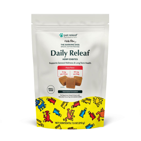 pet releaf petreleaf daily releaf hemp edibites cbd treats pizza flavor for medium and large dog breed 7.5 oz  front package 850016364937