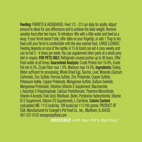 Evanger's Turkey Dinner for Ferrets & Exotic Pets - Ideal for Obligate Carnivores