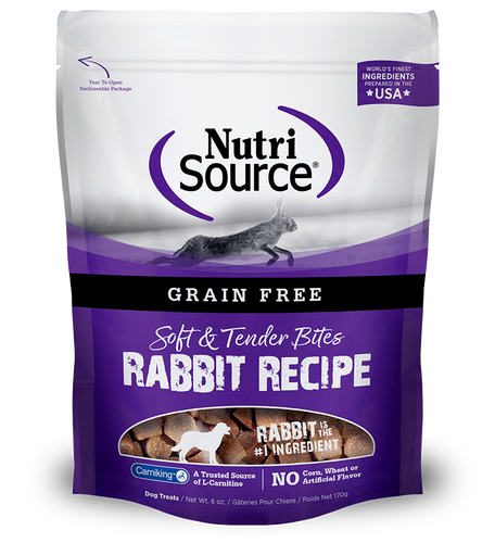 nutri source grain free soft and tender bites rabbit recipe corn and wheat free dog treat 073893800118 front package