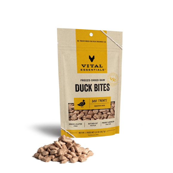 vital essentials freeze dried raw duck bites nibs dog treats grain and gluten free 840199684090 front package