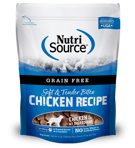nutri source grain free soft and tender bites chicken recipe corn and wheat free 073893800101 front package dog treat