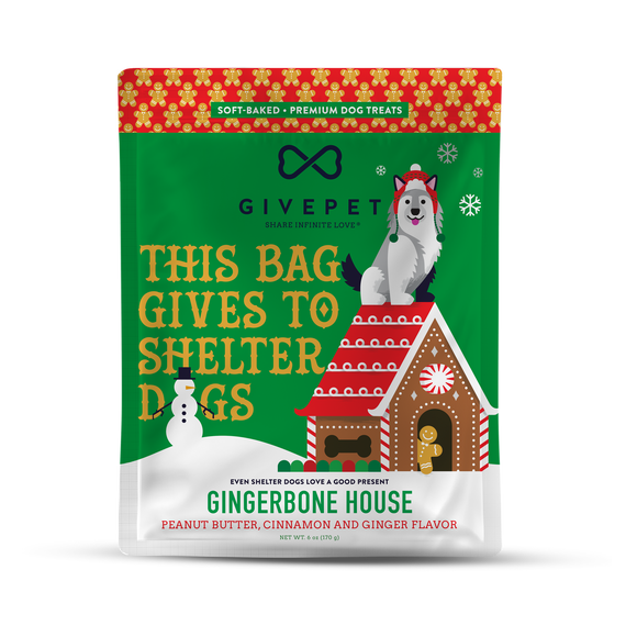 GivePet Gingerbone House Soft Dog Treat 6 oz - Every Bag Gives to Shelter Dogs