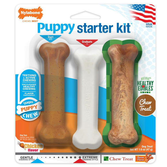 Nylabone Stages Puppy Chew Starter Kit Bone Toys & Treat - 3-Pack three pack healthy edibles 018214812913 n201pskp regular small chicken flavor bone bacon treat healthy edibles