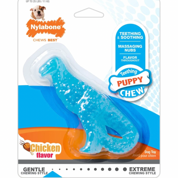 Nylabone Teething Puppy Dino Dental Chew Chicken Flavor Bone Toy - Blue