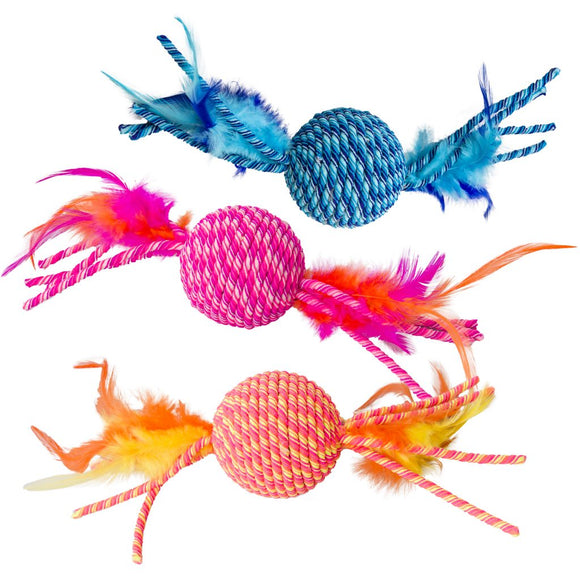 077234520727 52072 ethical pet spot elasteez ball cat toy rope and feathers