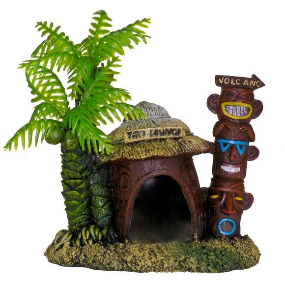 030157016746 EE528 EE-528 Exotic Environments Betta Hut with Palm Tree Ornament Blue Ribbon Pet Products  Tiki Lounge