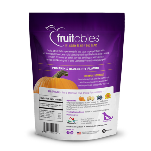 895352002150 Fruitables Baked Pumpkin & Blueberry Dog Treats 7 oz 044-2157 back of bag reverse side