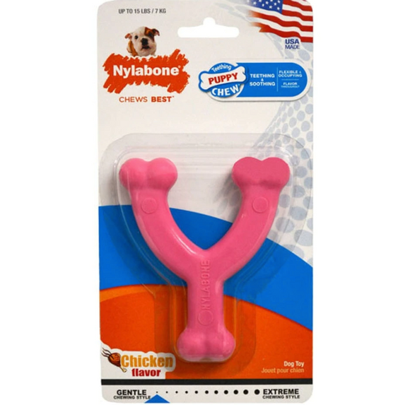 Nylabone Teething Puppy Wish Dental Chew Chicken Flavor Bone Toy - Pink