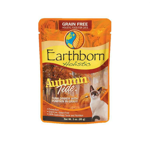 034846715514 Earthborn Holistic Autumn Tide Grain-Free Moist Cat Pouch 3 oz grain free tuna dinner with pumpkin in gravy front of package